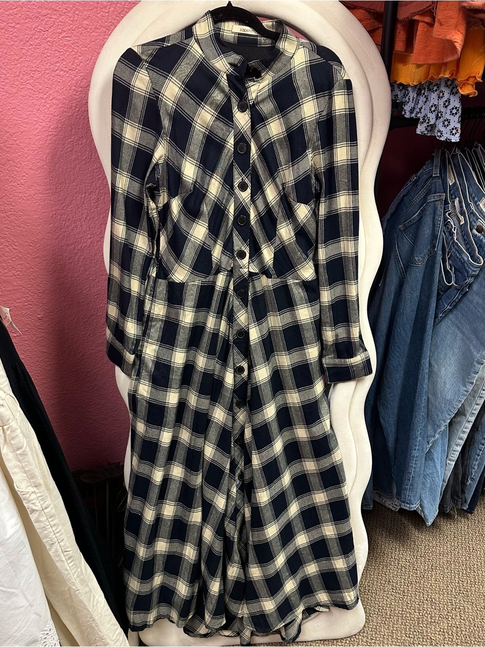 Zapelle blue and cream plaid flannel dress